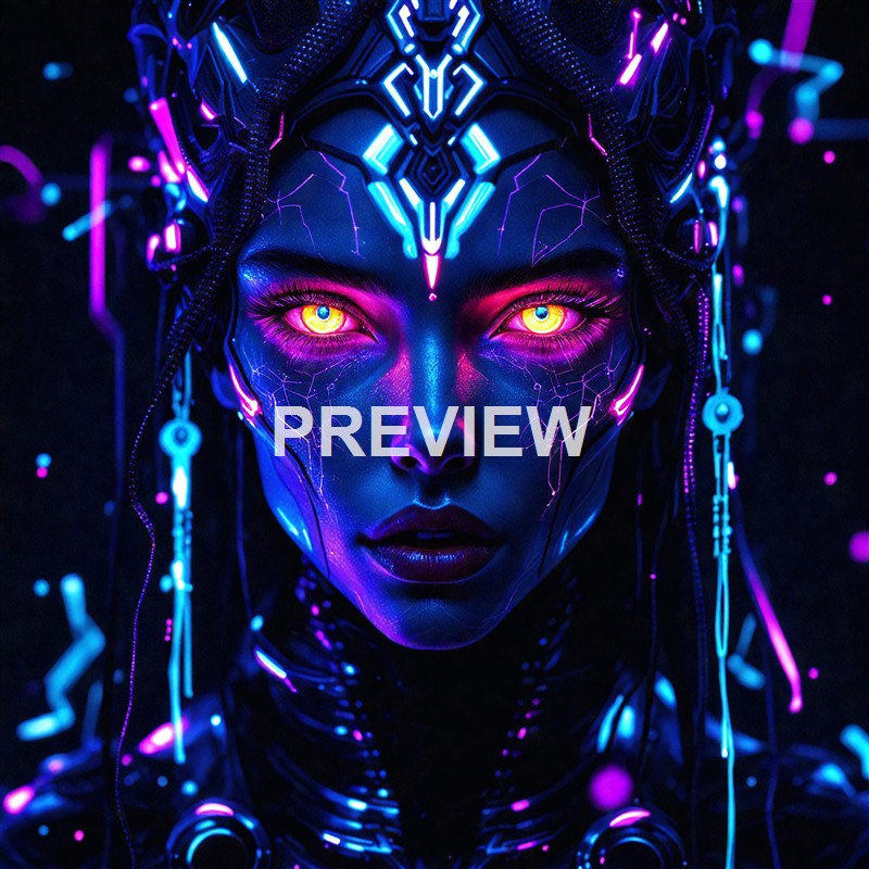A futuristic, neon-lit portrait of a woman with glowing yellow eyes, intricate cybernetic facial markings, and elaborate digital accessories, set against a dark background.